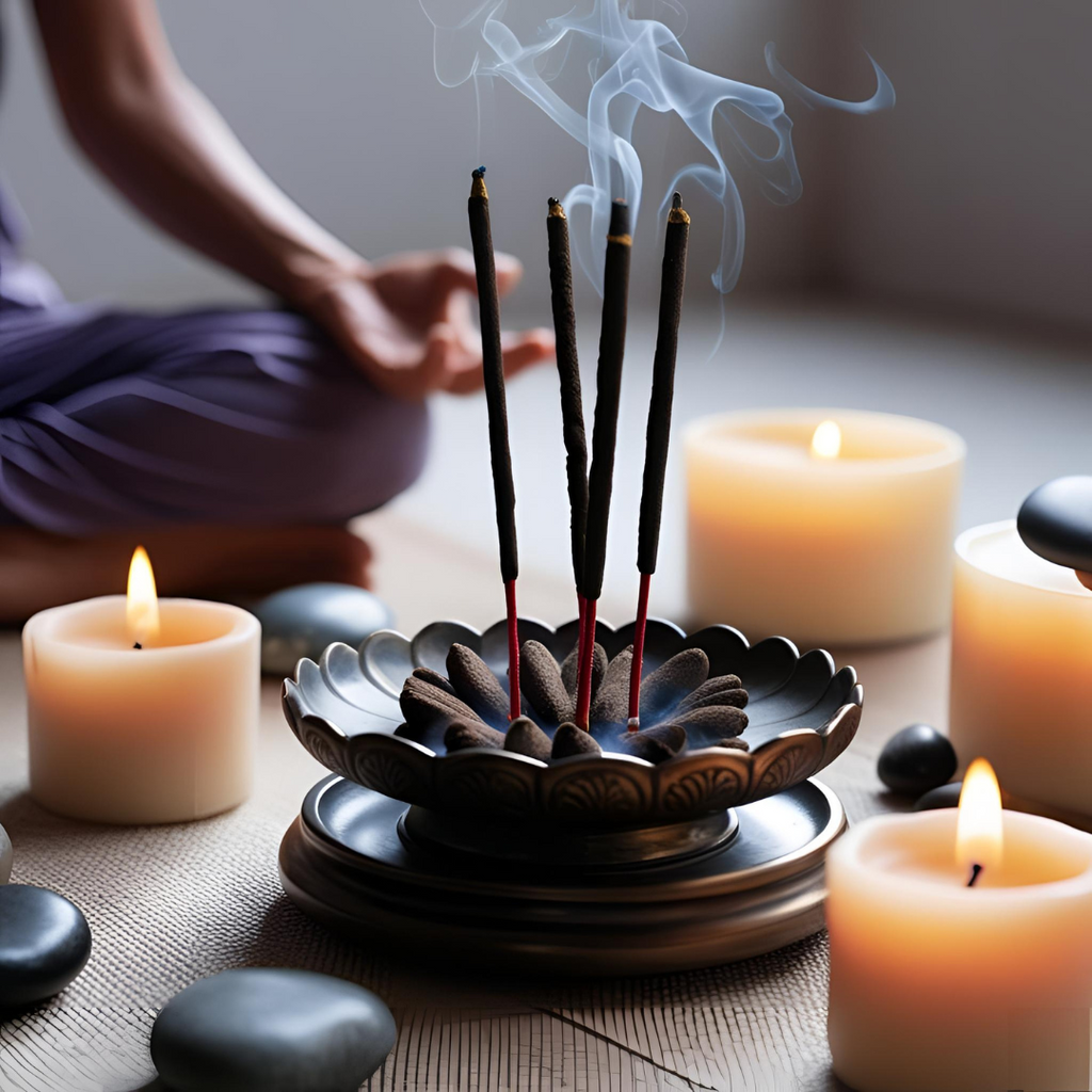 Incense burning during meditation, creating a calming atmosphere for mindfulness practice.