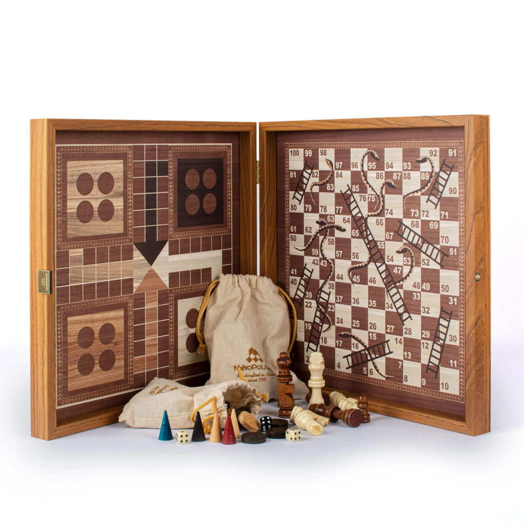 Classic Style 4-in-1 Combo Game Set: Chess, Backgammon, Ludo & Snakes (M size) Manopoulos