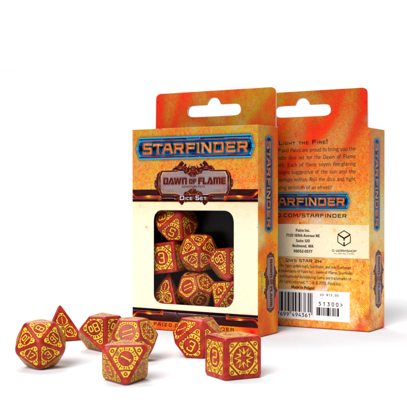 Starfinder Dawn Of Flame Dice Set brown and yellow