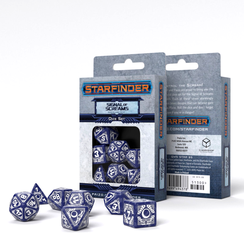 Starfinder Signal Of Screams Dice Set navy blue and white